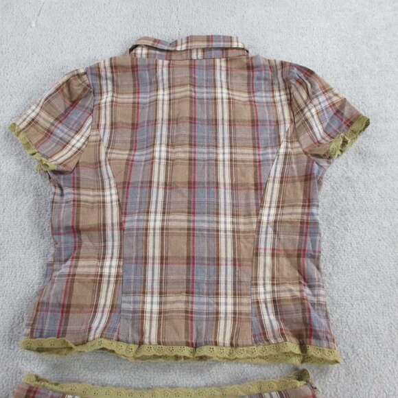 Cider Cotton Plaid Mini Skirt Set Women XS Brown Plaid Two Piece Outfit Collared - Picture 4 of 10